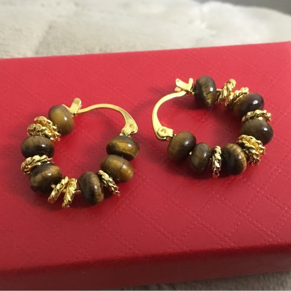 Gold Tiger Eye Hoop Earrings